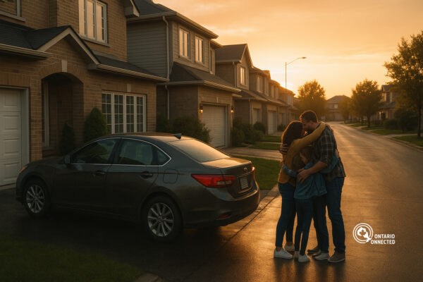 Ontario Connected article image of a family hugging when they returned home safe on their driveway - Every Ontarian deserves to arrive safely home.