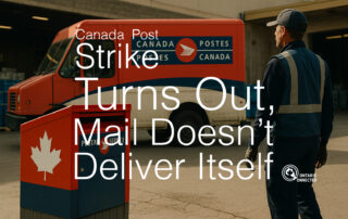 Postal worker standing in front of a red and blue Canadian-style mail truck and mailbox during a work stoppage, illustrating the Canada Post strike.
