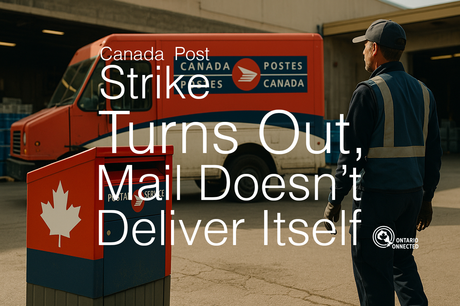 Postal worker standing in front of a red and blue Canadian-style mail truck and mailbox during a work stoppage, illustrating the Canada Post strike.