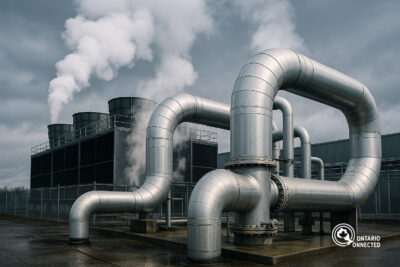 Industrial data centre cooling system releasing water vapour into cold air, illustrating the water demands behind the Ontario AI Burden.