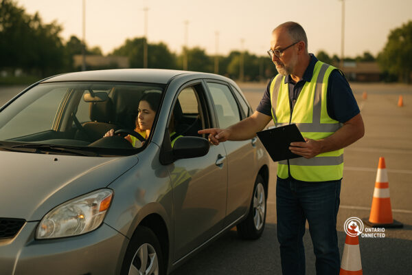Ontario Connected image of a driving instructor with youth training in a car