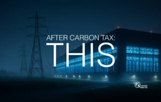 Cinematic night view of a large AI data centre in Ontario drawing heavy power from hydro lines, symbolizing the Ontario AI Burden.