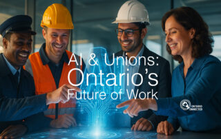 AI and unions diverse Ontario workers collaborating around a glowing holographic AI interface in a modern operations room.