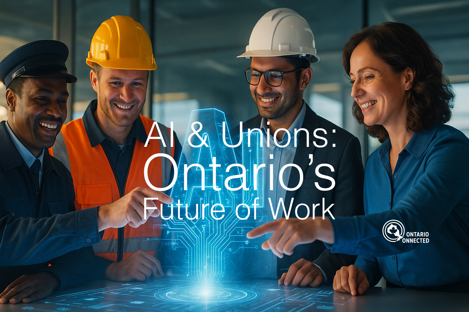 AI and unions diverse Ontario workers collaborating around a glowing holographic AI interface in a modern operations room.