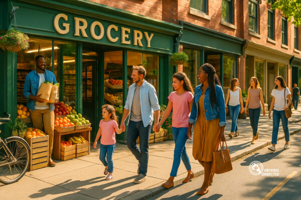 A diverse family walks past a neighbourhood grocery store while a shopper carrying bags exits the entrance, with bicycles parked outside and pedestrians enjoying a sunny, car-free street.
