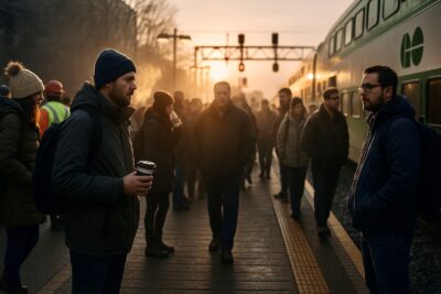 Commuters standing on a crowded GO Transit platform at dawn in Ontario, bundled in cold weather under soft golden light, symbolizing transit pressures in medium-sized cities.