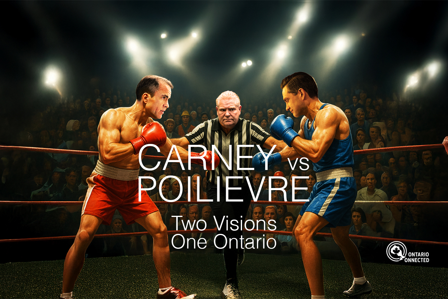 Carney vs. Poilievre symbolic boxing match representing Carney vs. Poilievre, with a Doug Ford referee separating two fighters in red and blue gloves, surrounded by Ontario workers, Indigenous Elders, and everyday people watching from the arena.