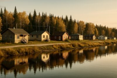 Northern Ontario First Nation community beside a calm lake with wooden homes, fall colours, and forest backdrop in soft evening light.