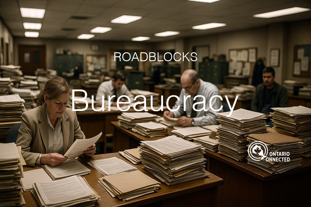 Cluttered government office with overflowing paperwork and delayed approvals representing bureaucracy in Ontario infrastructure projects.