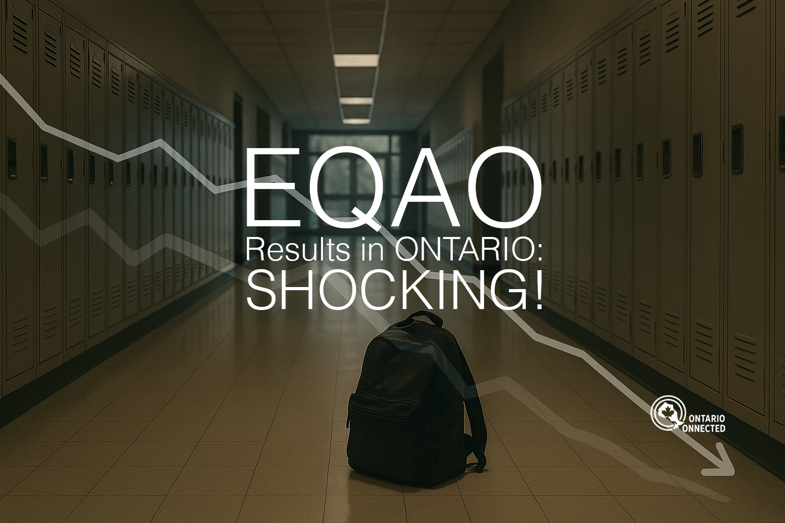 Empty Ontario school hallway with lockers and a lone backpack, symbolizing declining EQAO performance scores.