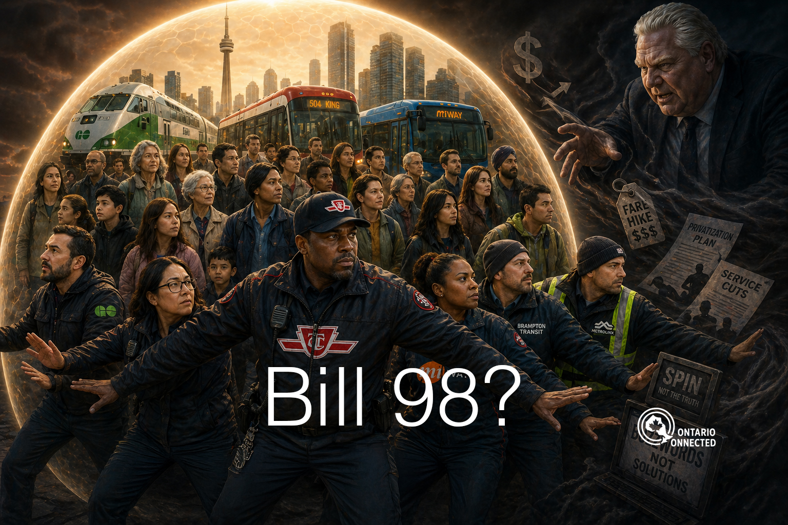 Crowd of transit workers and civilians inside a glowing dome, with buses and a city skyline behind, while a menacing figure on the right holds protest signs and the text 'Bill 98?' appears at the bottom.