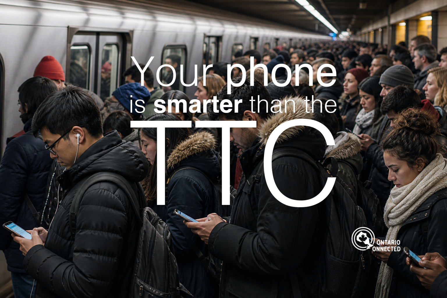 Subway passengers on TTC subway platform looking at their smartphones to check schedules.
