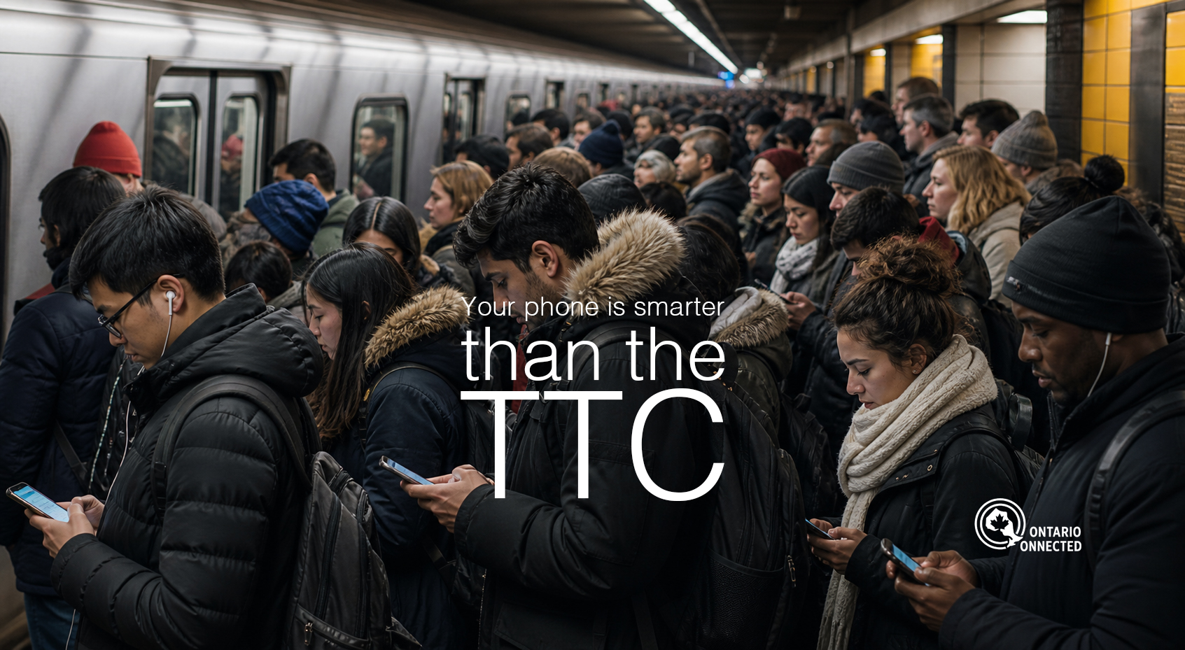 Overcrowded TTC subway platform on Line 1 with riders checking smartphones for TTC delays