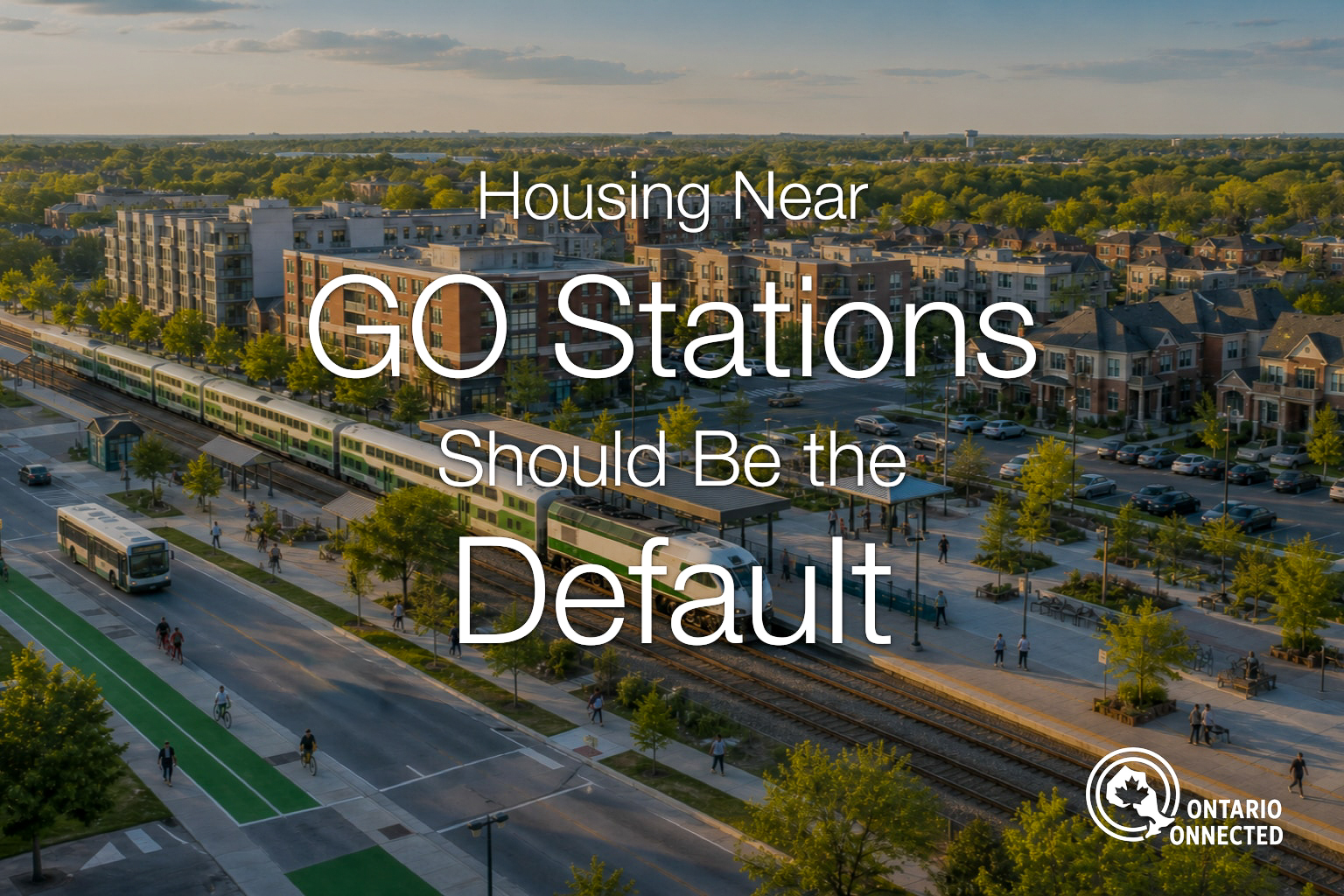 Housing beside a GO train station with transit, cycling routes and public space in Ontario