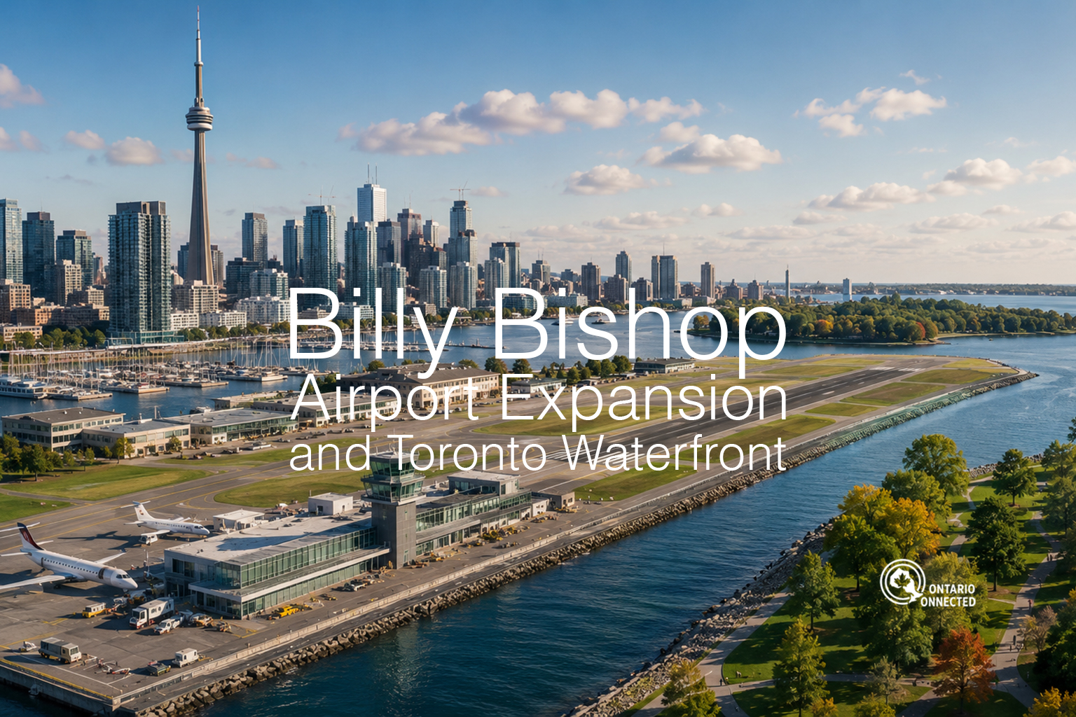 Aerial editorial illustration of Billy Bishop Airport, Toronto’s waterfront, surrounding parks and the downtown skyline.